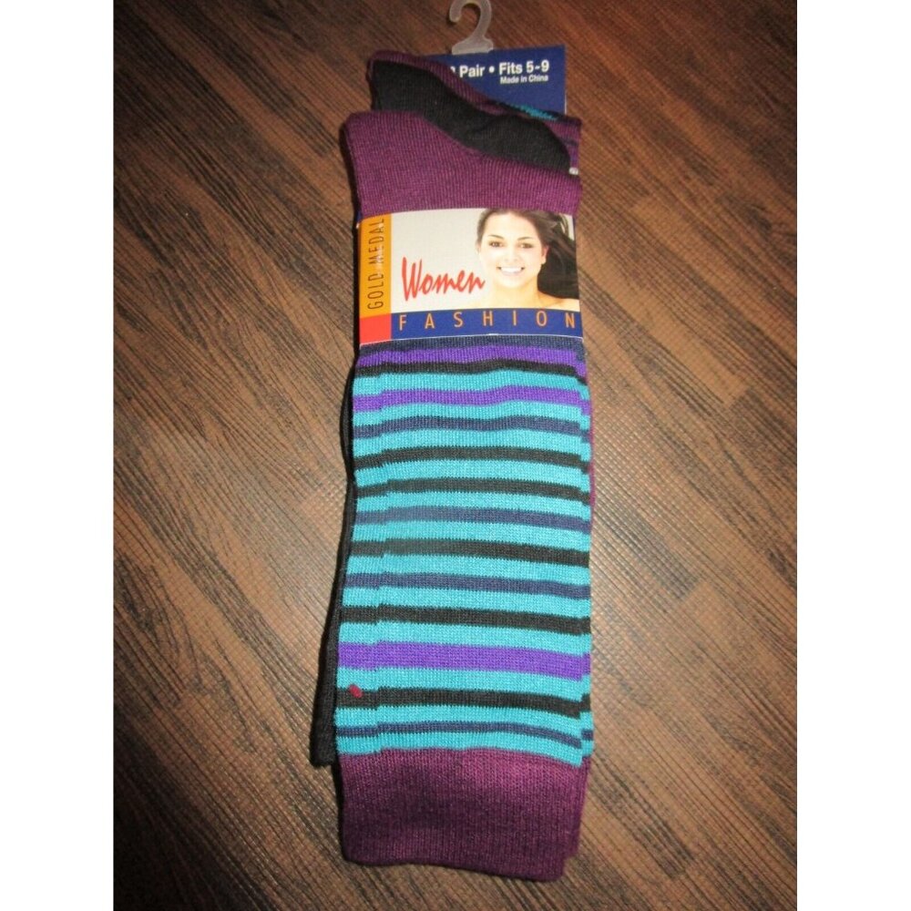 3 Pair Womens Medium Gold Medal Knee High Socks Soft Durable Purple Stripes 9-11